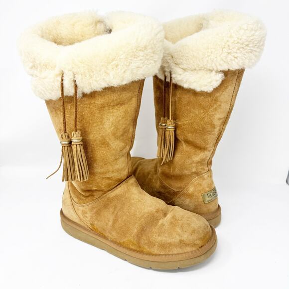 UGG Women's Plumdale Sheepskin Chestnut Suede Knee-High Boots Size 9 - Picture 1 of 10